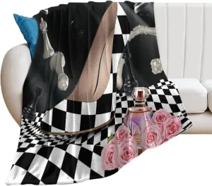 Abstract Modern Art High Heels Blankets Soft Cozy Bedding Flannel Blanket Rustic Black White Plaid Makeup Theme High Heels Blanket Super Soft Bedroom Sofa Throw-40W x50L