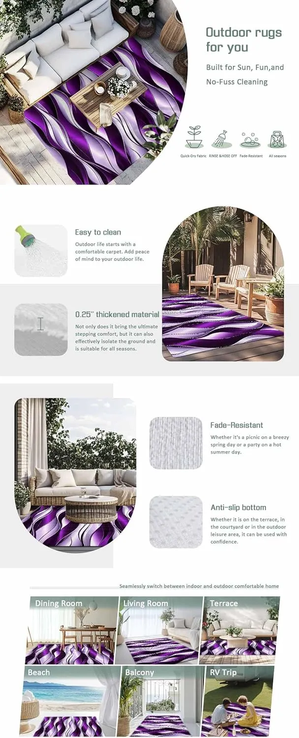 Abstract Purple Outdoor Rug 4x6ft Large Patio Rug,Washable RV Camping Outside Area Runner Rug Mat,Gradient Striped Modern Geometric Indoor Outdoor Carpet for Picnic Backyard Deck Porch Balcony Beach