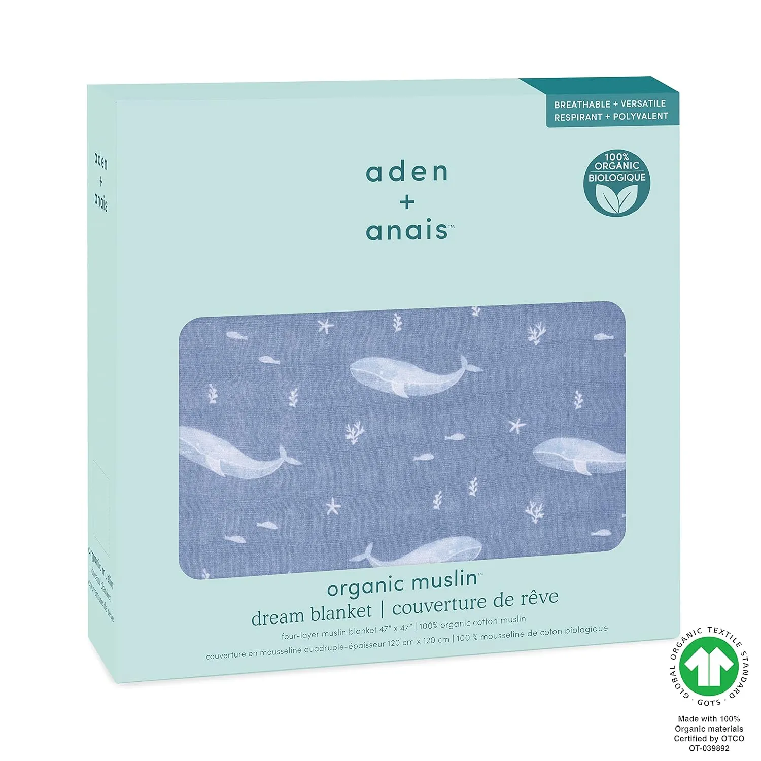 aden   anais 100% Organic Cotton Muslin Baby Blanket Crib Bedding for Newborn Baby and Toddler, Nursery Blanket for Boys and Girls, Baby Registry and Shower Gift - Oceanic