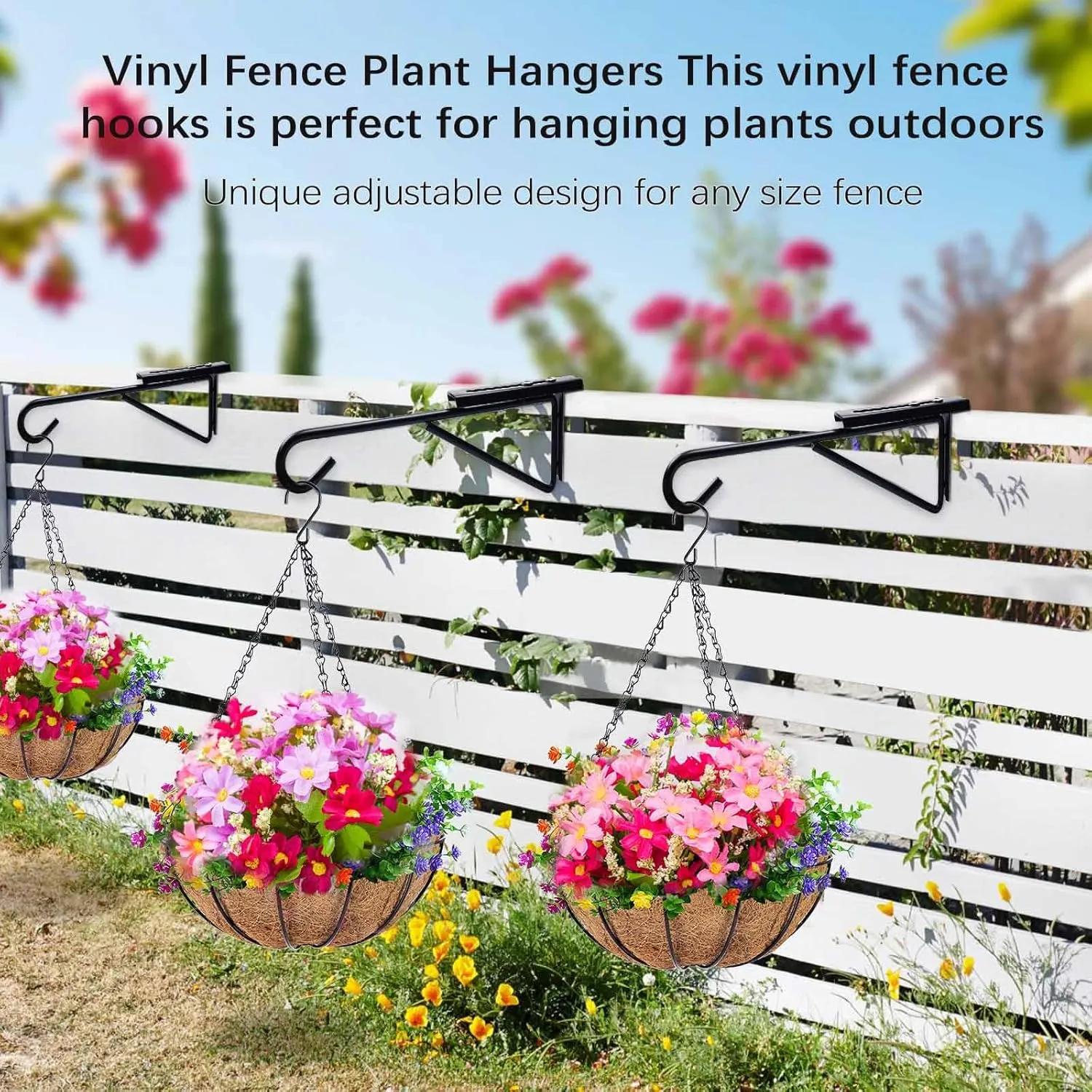 Adjustable (0.9-3") Vinyl Fence Hooks for Hanging Plants, Over the Railing Fence Plant Hangers Outdoor, Black Heavy Duty Coated Steel Patio Hooks for Hanging Bird Feeders, Lights, Basket, Pool Tools