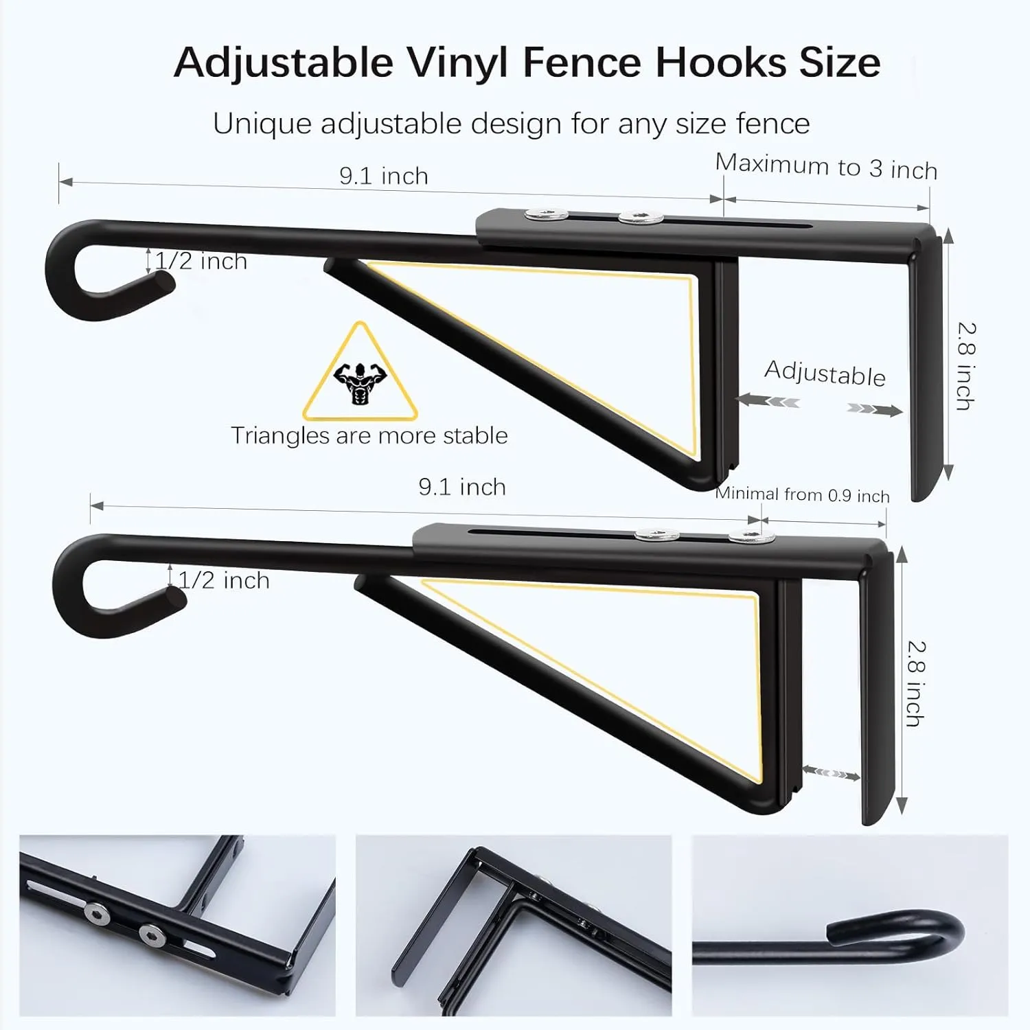 Adjustable (0.9-3") Vinyl Fence Hooks for Hanging Plants, Over the Railing Fence Plant Hangers Outdoor, Black Heavy Duty Coated Steel Patio Hooks for Hanging Bird Feeders, Lights, Basket, Pool Tools