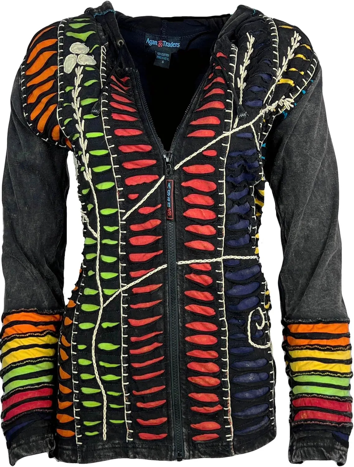 Agan Traders Boho 2025 Summer Tie Dye Stonewashed Embroidered Jacket for Women - Patchwork Gypsy Hippie Rib Sweatshirt Hoodie