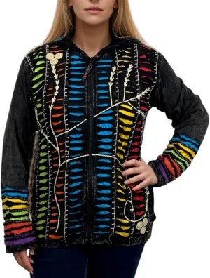 Agan Traders Boho 2025 Summer Tie Dye Stonewashed Embroidered Jacket for Women - Patchwork Gypsy Hippie Rib Sweatshirt Hoodie