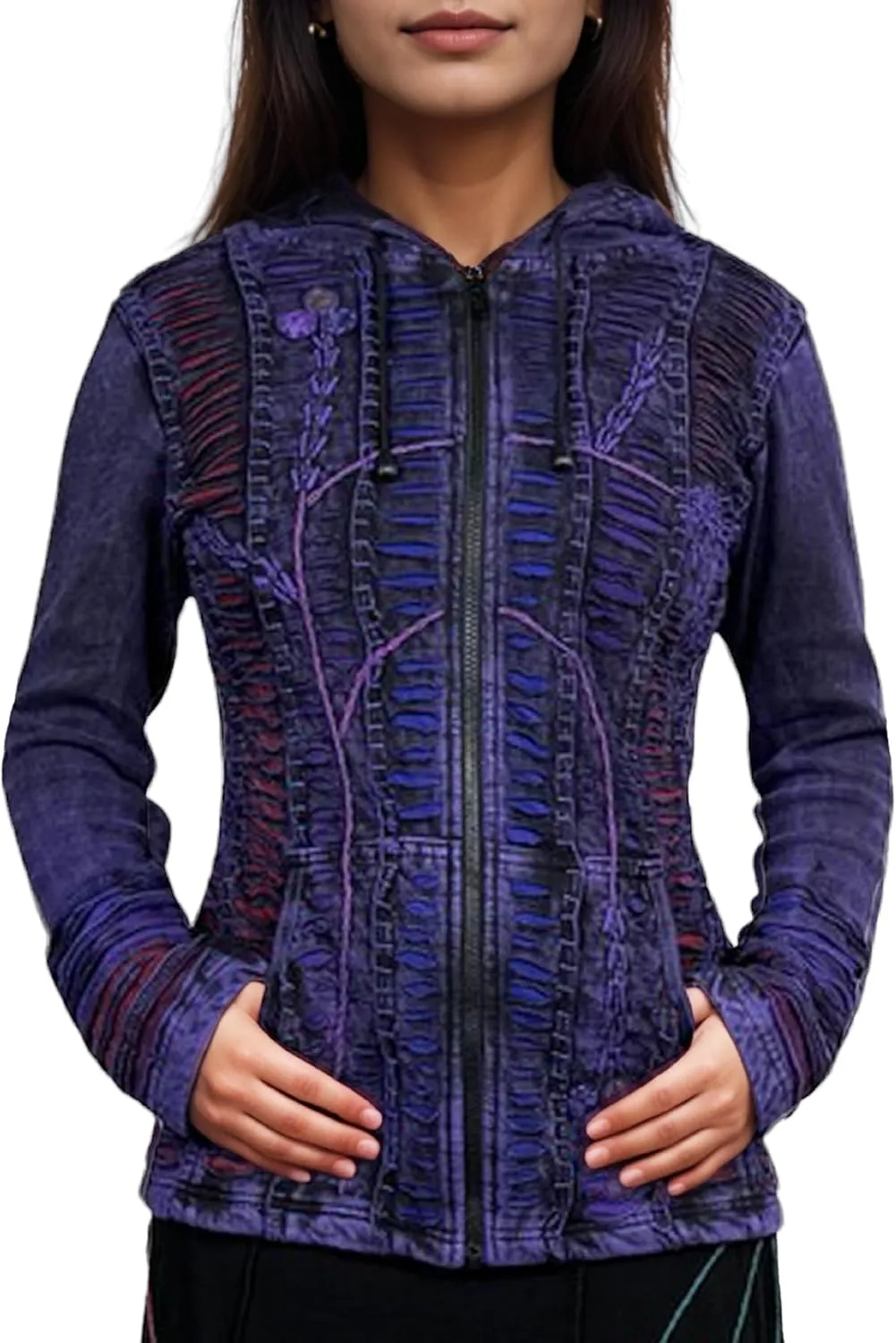 Agan Traders Boho 2025 Summer Tie Dye Stonewashed Embroidered Jacket for Women - Patchwork Gypsy Hippie Rib Sweatshirt Hoodie