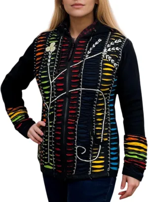 Agan Traders Boho 2025 Summer Tie Dye Stonewashed Embroidered Jacket for Women - Patchwork Gypsy Hippie Rib Sweatshirt Hoodie