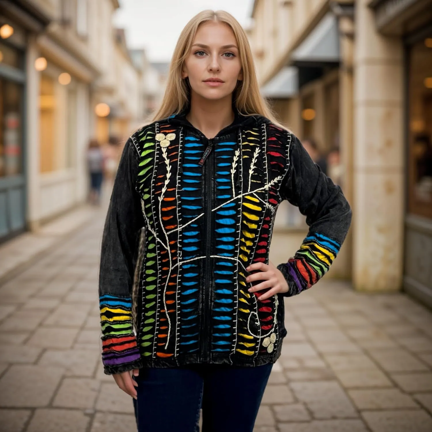 Agan Traders Boho 2025 Summer Tie Dye Stonewashed Embroidered Jacket for Women - Patchwork Gypsy Hippie Rib Sweatshirt Hoodie