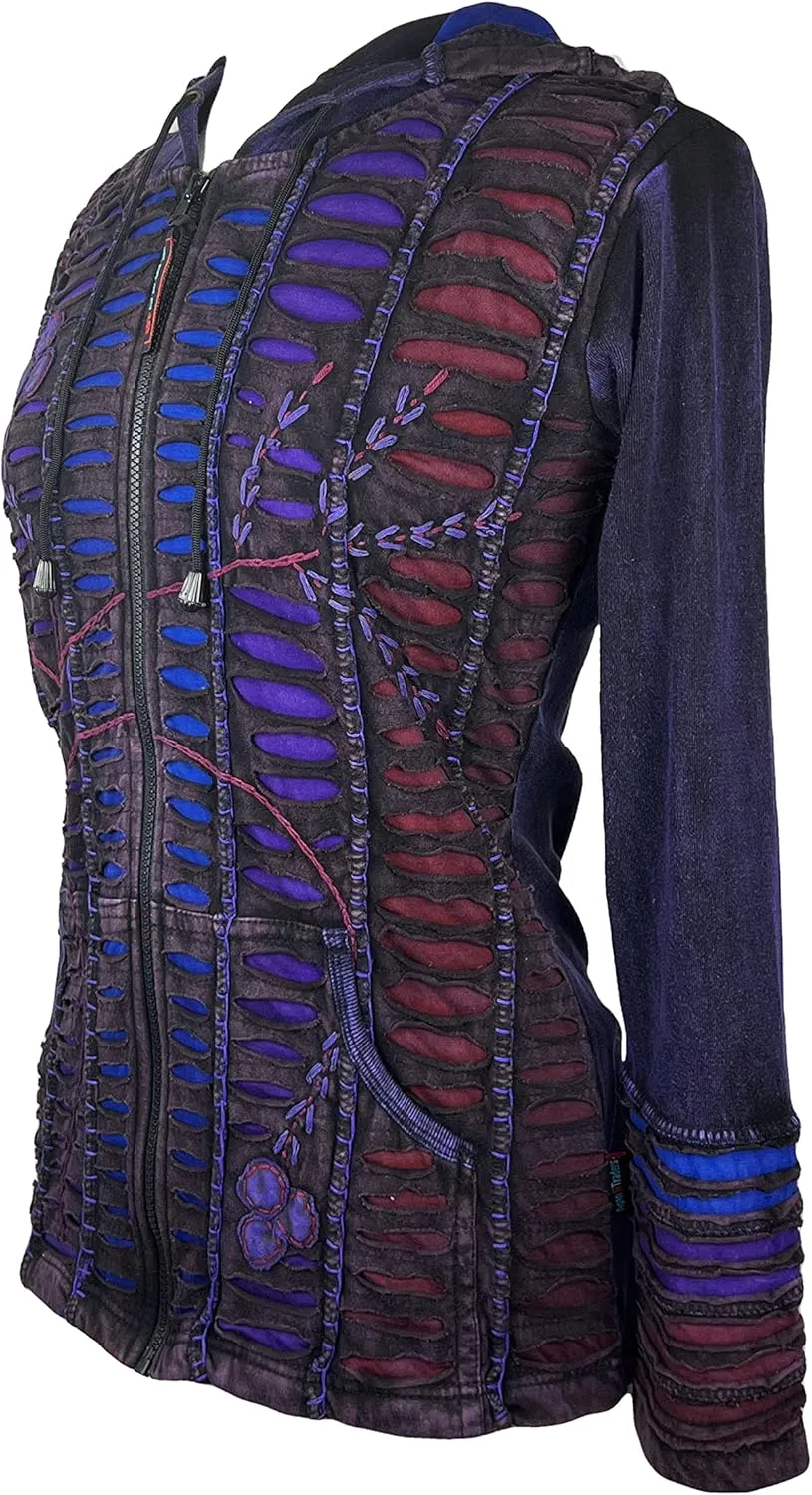 Agan Traders Boho 2025 Summer Tie Dye Stonewashed Embroidered Jacket for Women - Patchwork Gypsy Hippie Rib Sweatshirt Hoodie