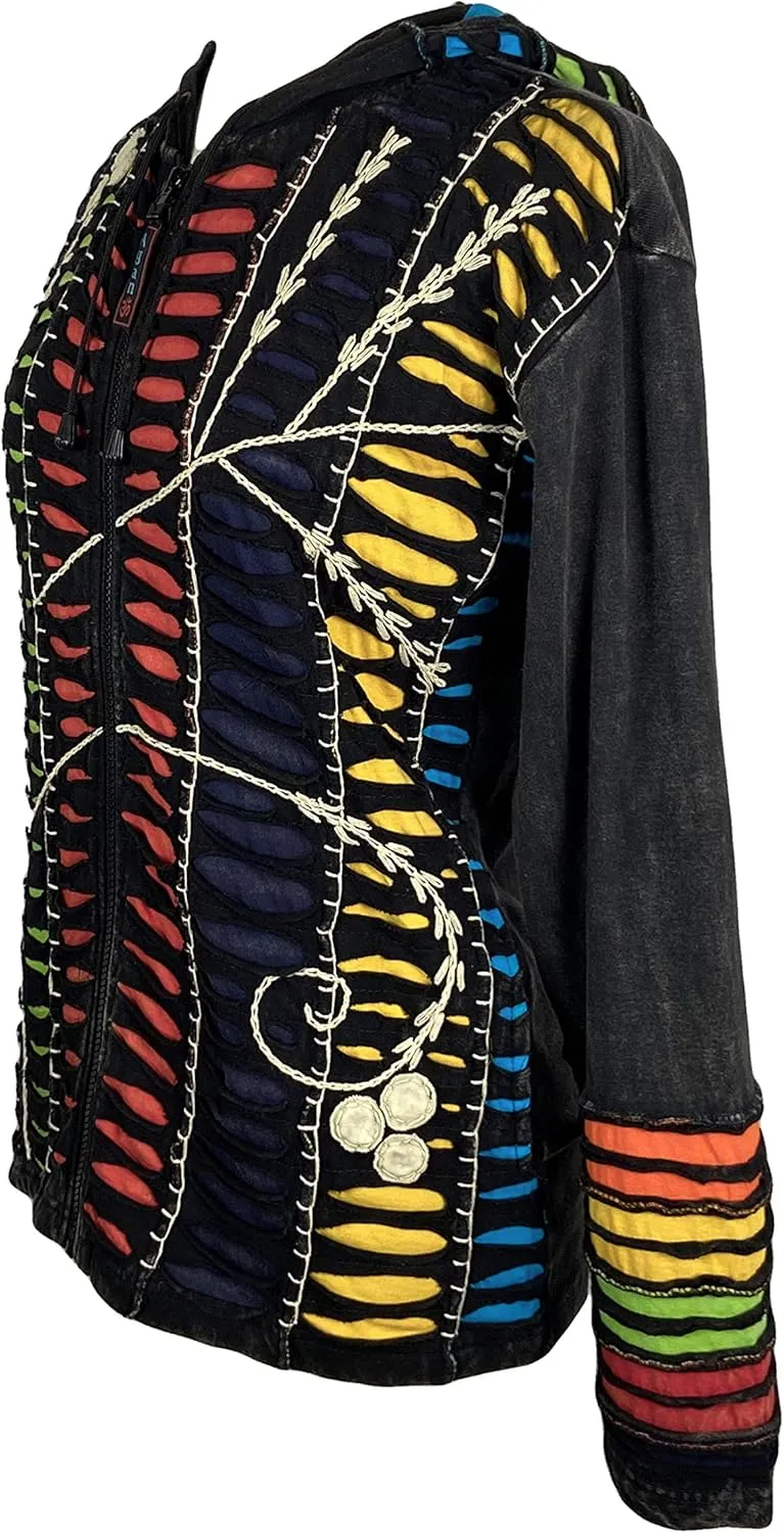 Agan Traders Boho 2025 Summer Tie Dye Stonewashed Embroidered Jacket for Women - Patchwork Gypsy Hippie Rib Sweatshirt Hoodie