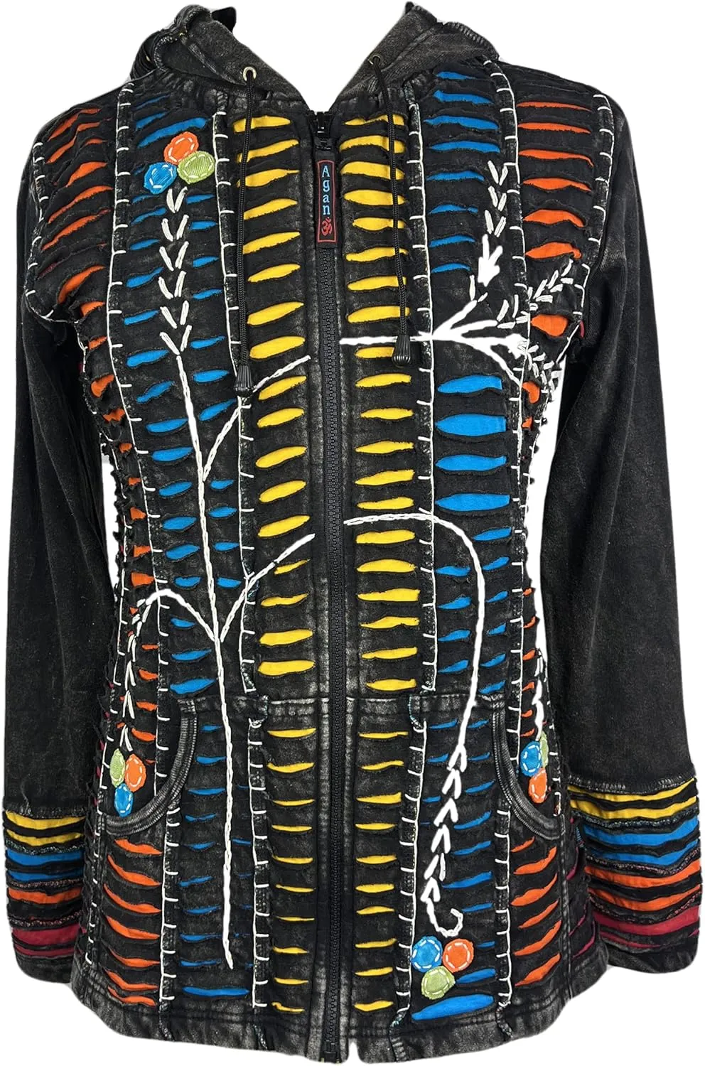 Agan Traders Boho 2025 Summer Tie Dye Stonewashed Embroidered Jacket for Women - Patchwork Gypsy Hippie Rib Sweatshirt Hoodie