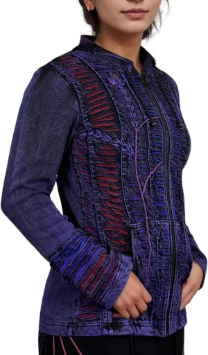 Agan Traders Boho 2025 Summer Tie Dye Stonewashed Embroidered Jacket for Women - Patchwork Gypsy Hippie Rib Sweatshirt Hoodie