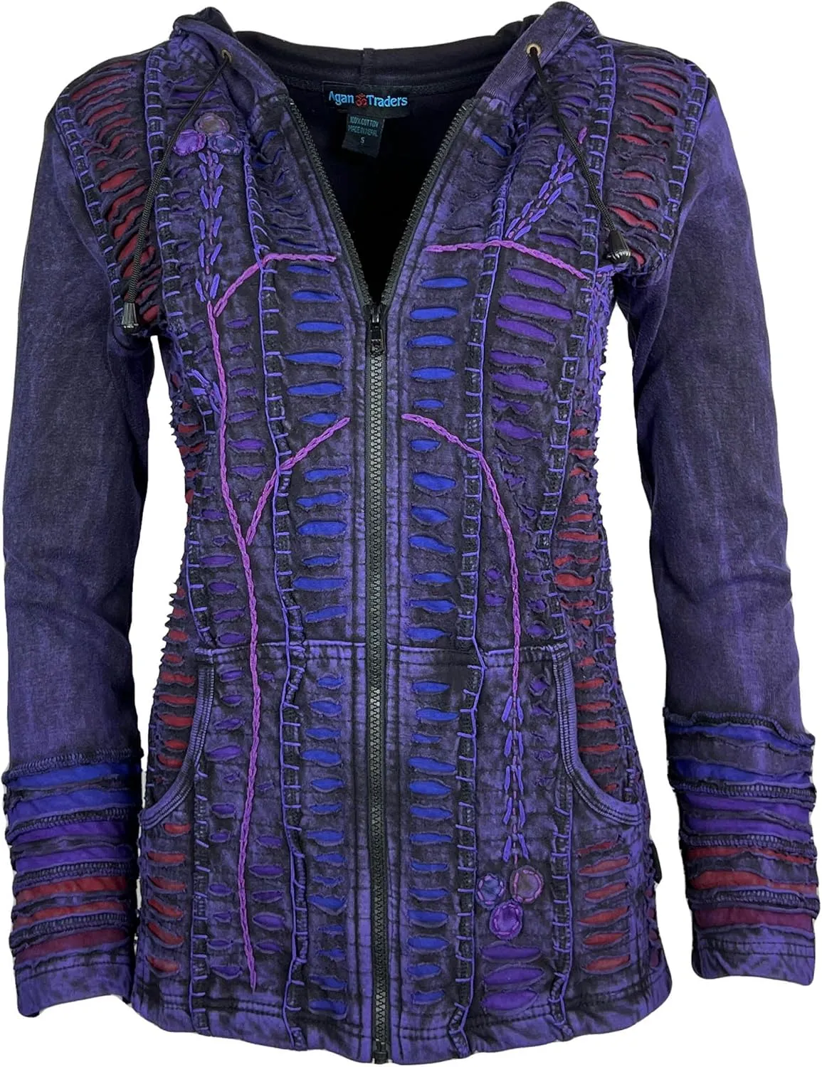 Agan Traders Boho 2025 Summer Tie Dye Stonewashed Embroidered Jacket for Women - Patchwork Gypsy Hippie Rib Sweatshirt Hoodie