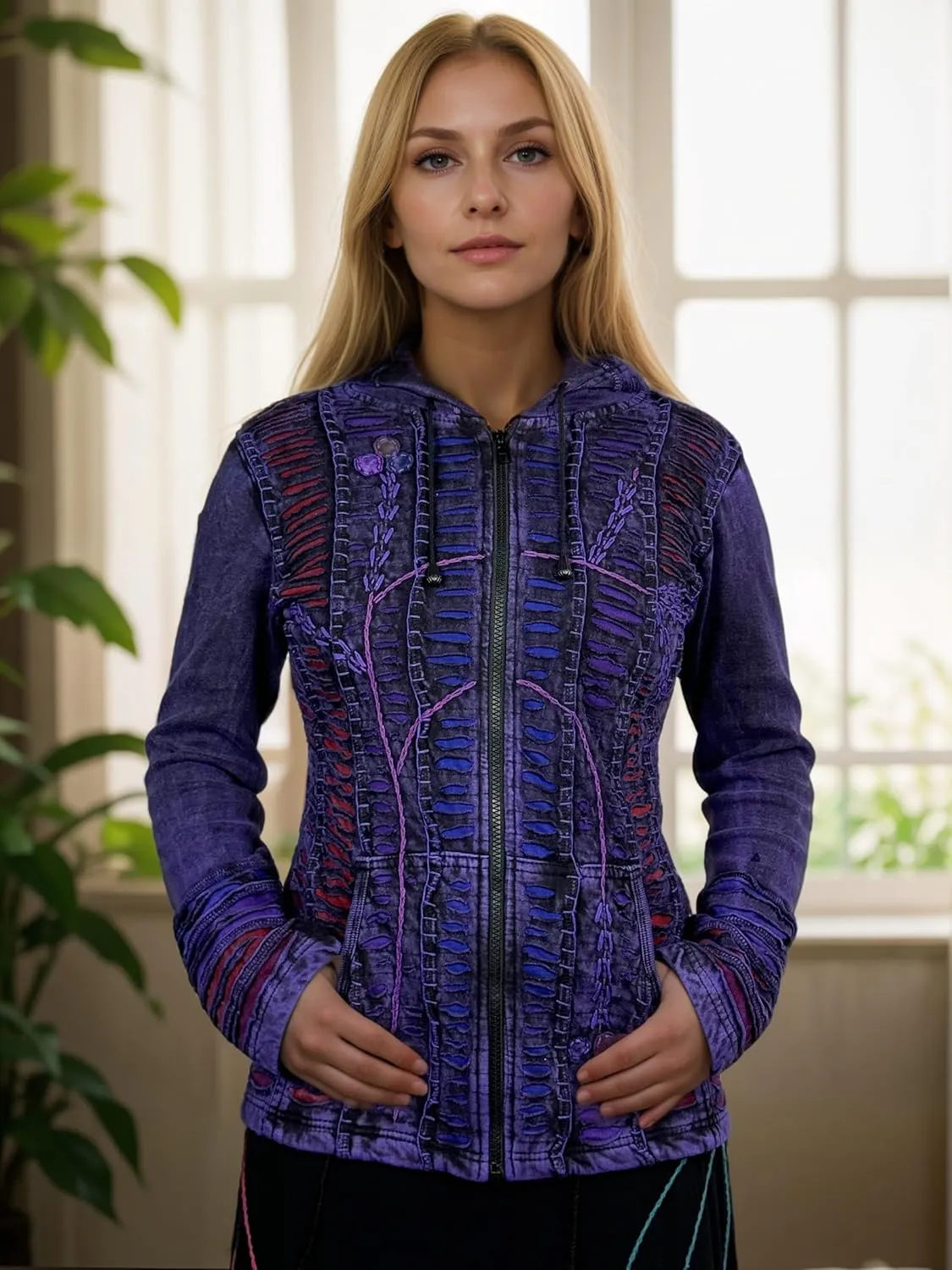 Agan Traders Boho 2025 Summer Tie Dye Stonewashed Embroidered Jacket for Women - Patchwork Gypsy Hippie Rib Sweatshirt Hoodie