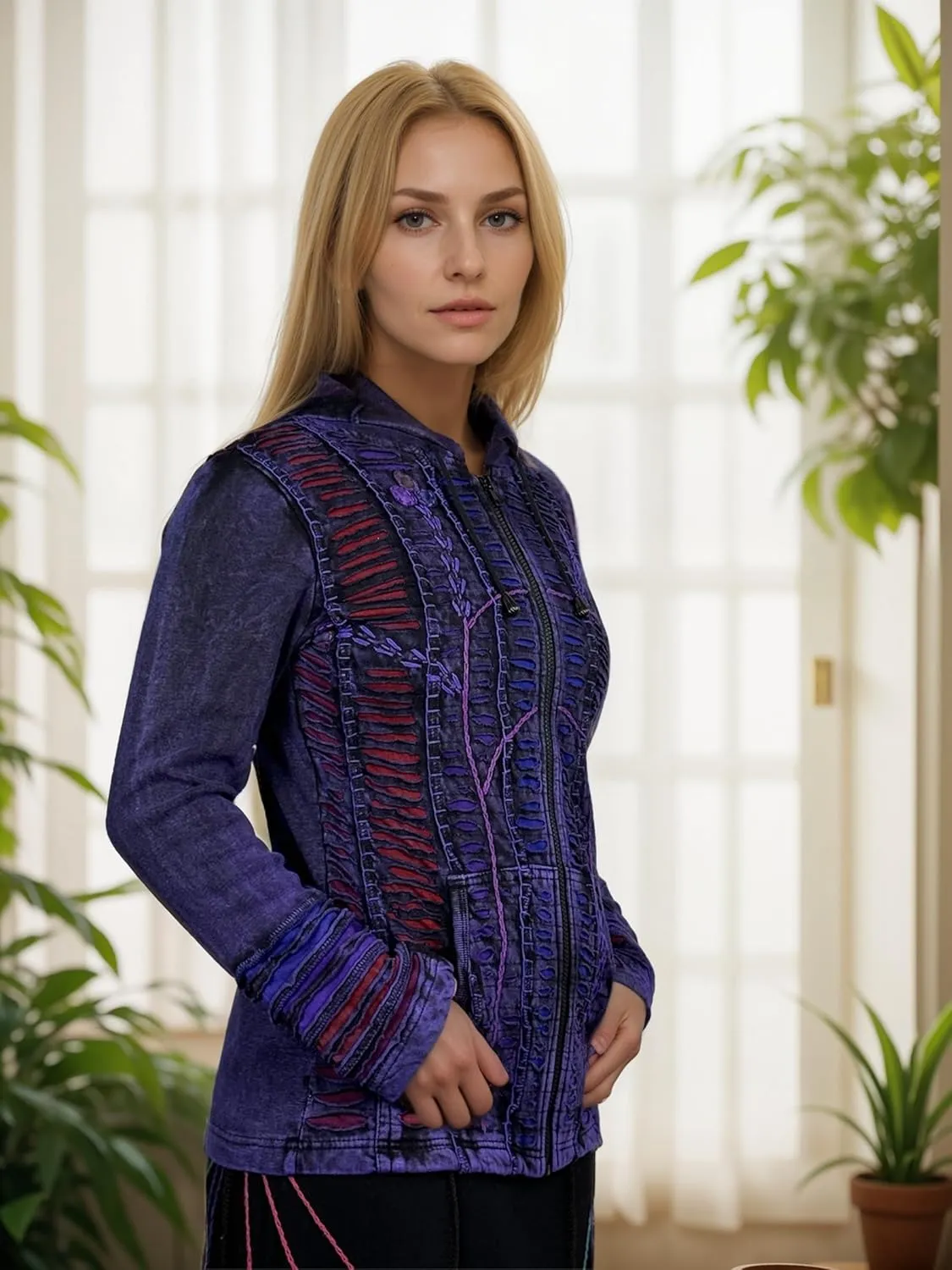 Agan Traders Boho 2025 Summer Tie Dye Stonewashed Embroidered Jacket for Women - Patchwork Gypsy Hippie Rib Sweatshirt Hoodie