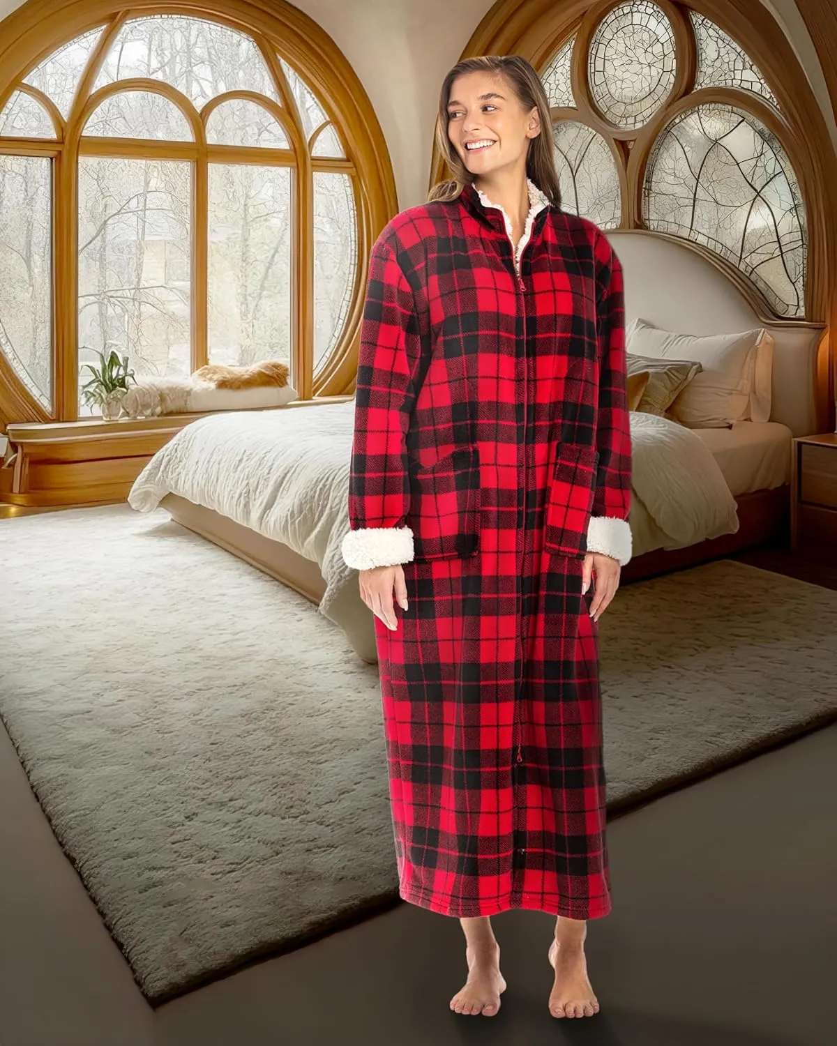 Alexander Del Rossa Long Zip Up Robes, Plush Zipper Robes for Plus Size, Housecoats Zipper Front