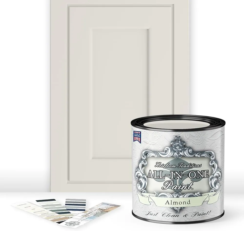 ALL-IN-ONE Paint, Durable cabinet and furniture paint. Built in primer and top coat, no sanding needed. Includes our 30 featured color card - Almond, Quart