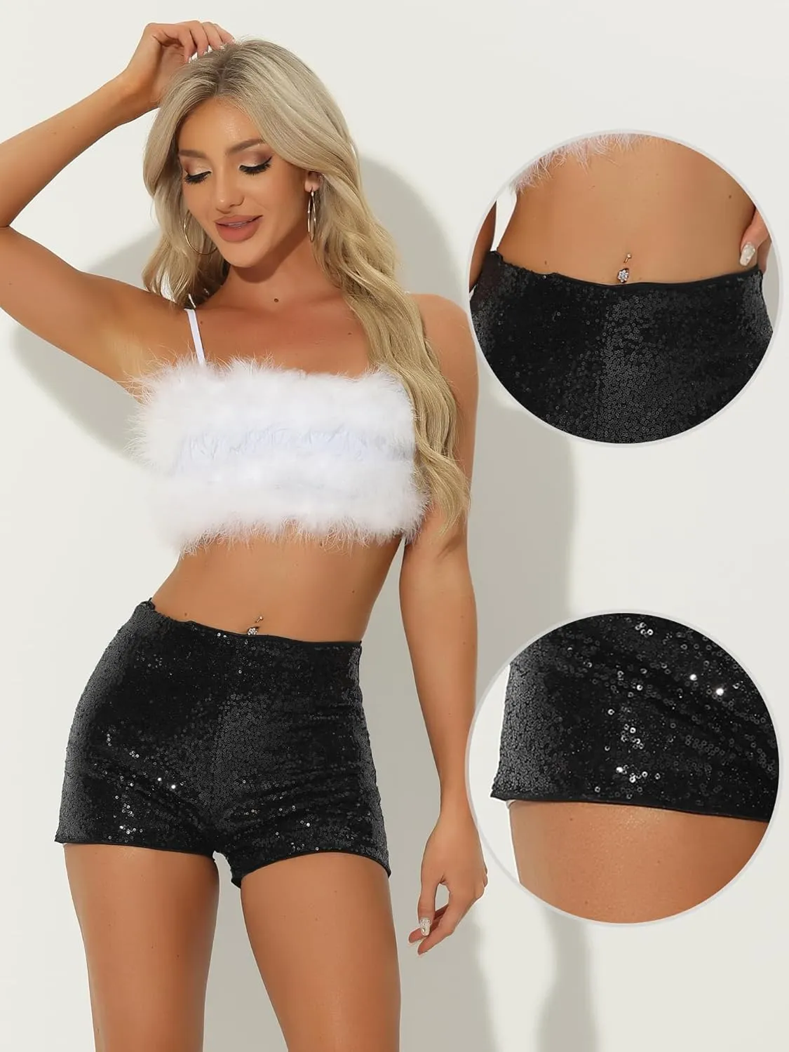 Allegra K Sequin Shorts for Women's Midrise Solid Zipper Elastic Waist Sparkle Cocktail Night Out Shorts
