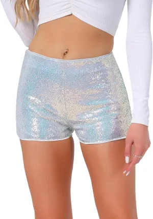 Allegra K Sequin Shorts for Women's Midrise Solid Zipper Elastic Waist Sparkle Cocktail Night Out Shorts