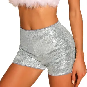 Allegra K Sequin Shorts for Women's Midrise Solid Zipper Elastic Waist Sparkle Cocktail Night Out Shorts