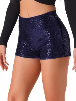 Allegra K Sequin Shorts for Women's Midrise Solid Zipper Elastic Waist Sparkle Cocktail Night Out Shorts