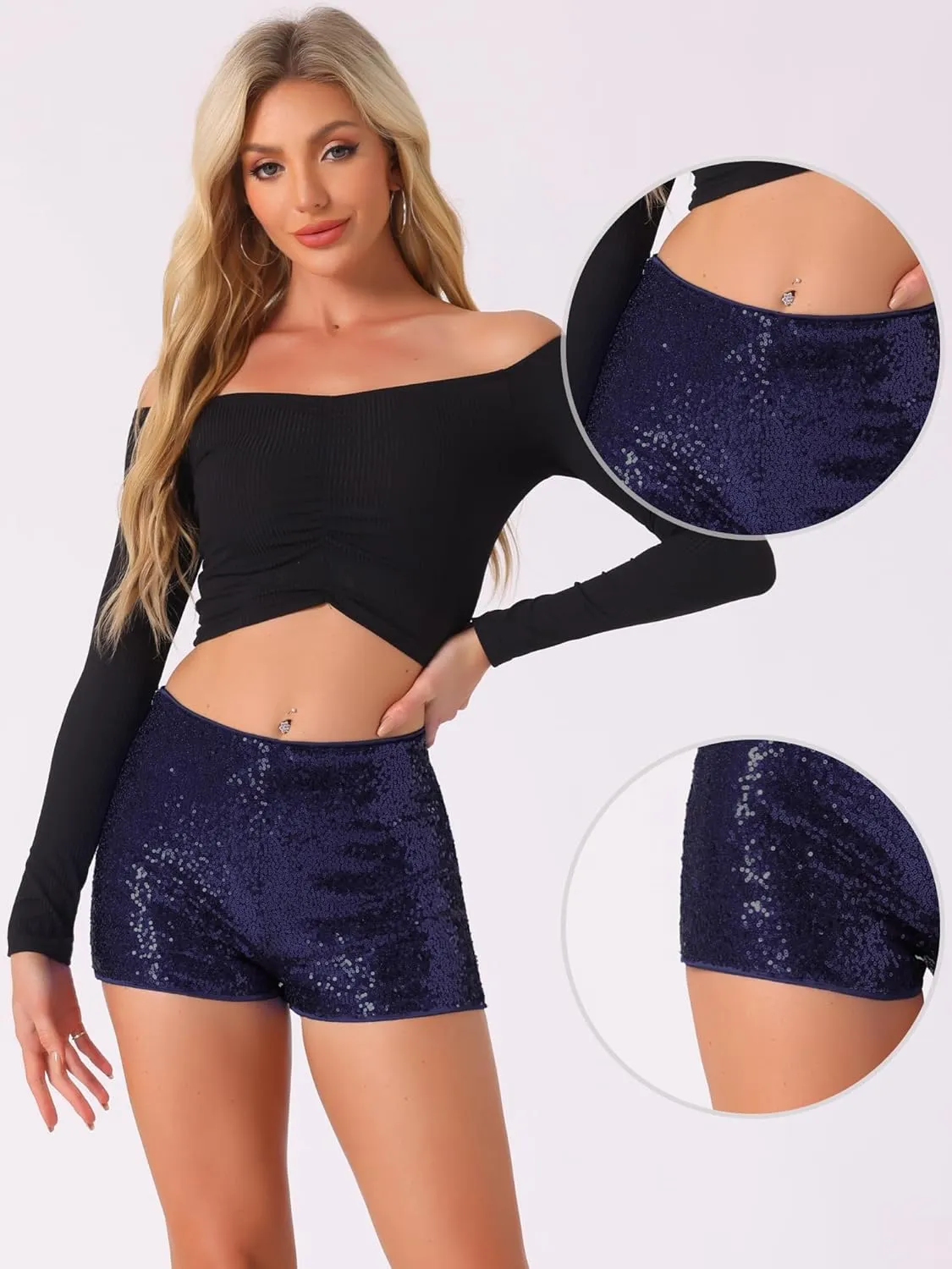 Allegra K Sequin Shorts for Women's Midrise Solid Zipper Elastic Waist Sparkle Cocktail Night Out Shorts
