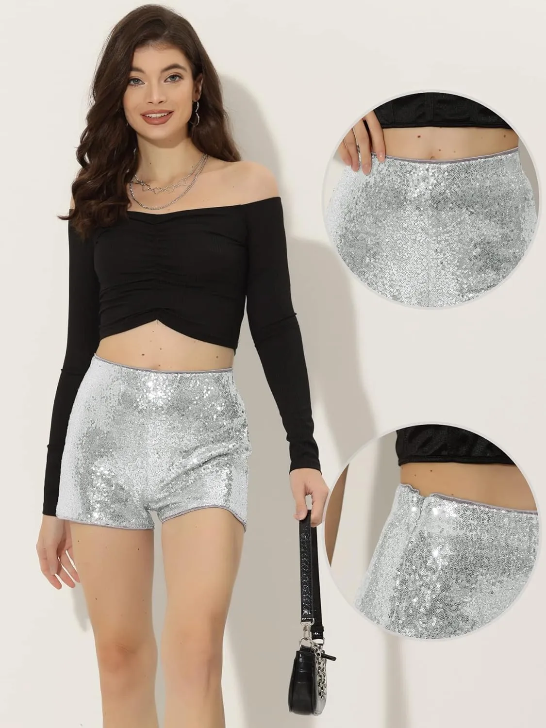 Allegra K Sequin Shorts for Women's Midrise Solid Zipper Elastic Waist Sparkle Cocktail Night Out Shorts