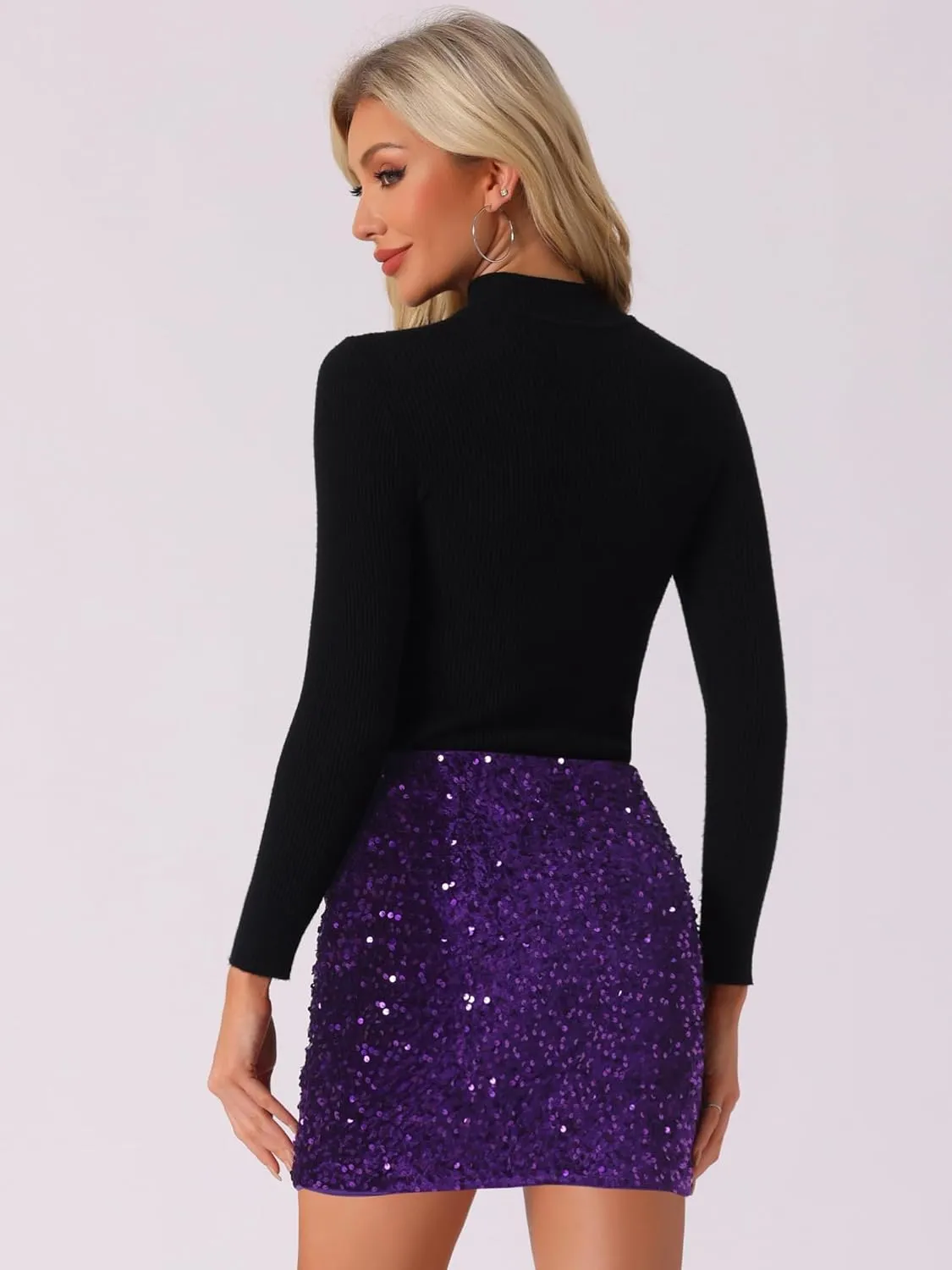 Allegra K Sequin Skirt for Women's High Waist Stretchy Velvet Sparkle Party Bodycon Mini Skirts