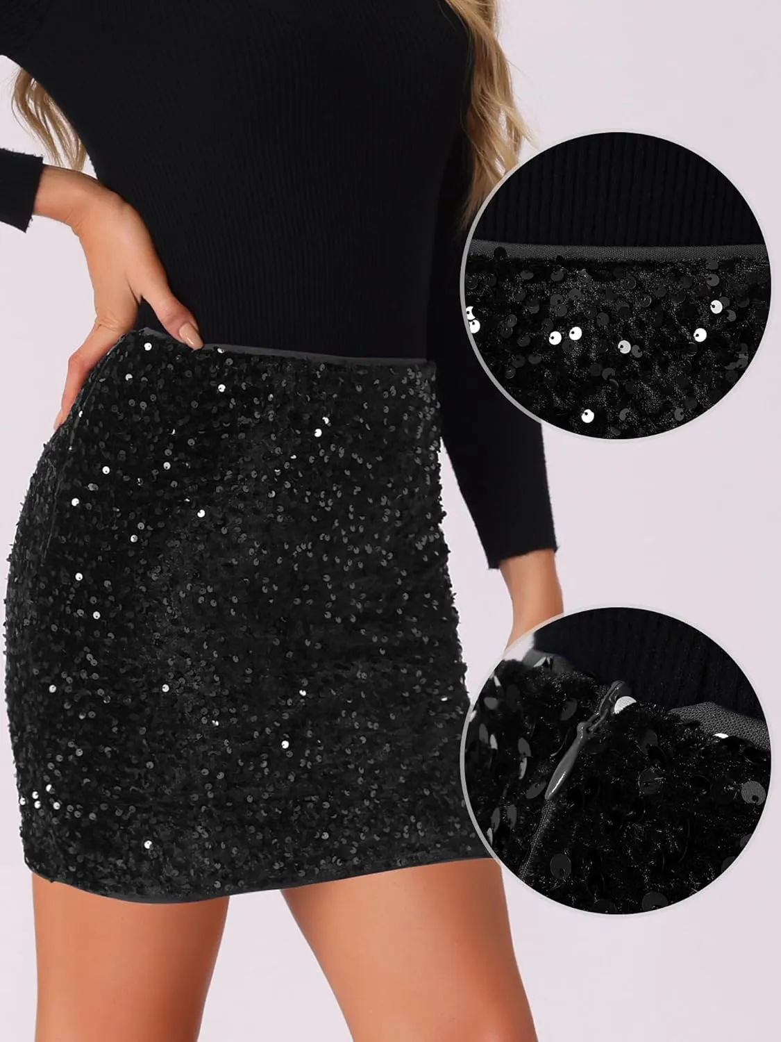 Allegra K Sequin Skirt for Women's High Waist Stretchy Velvet Sparkle Party Bodycon Mini Skirts