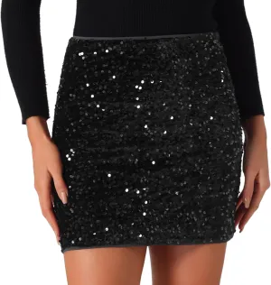 Allegra K Sequin Skirt for Women's High Waist Stretchy Velvet Sparkle Party Bodycon Mini Skirts