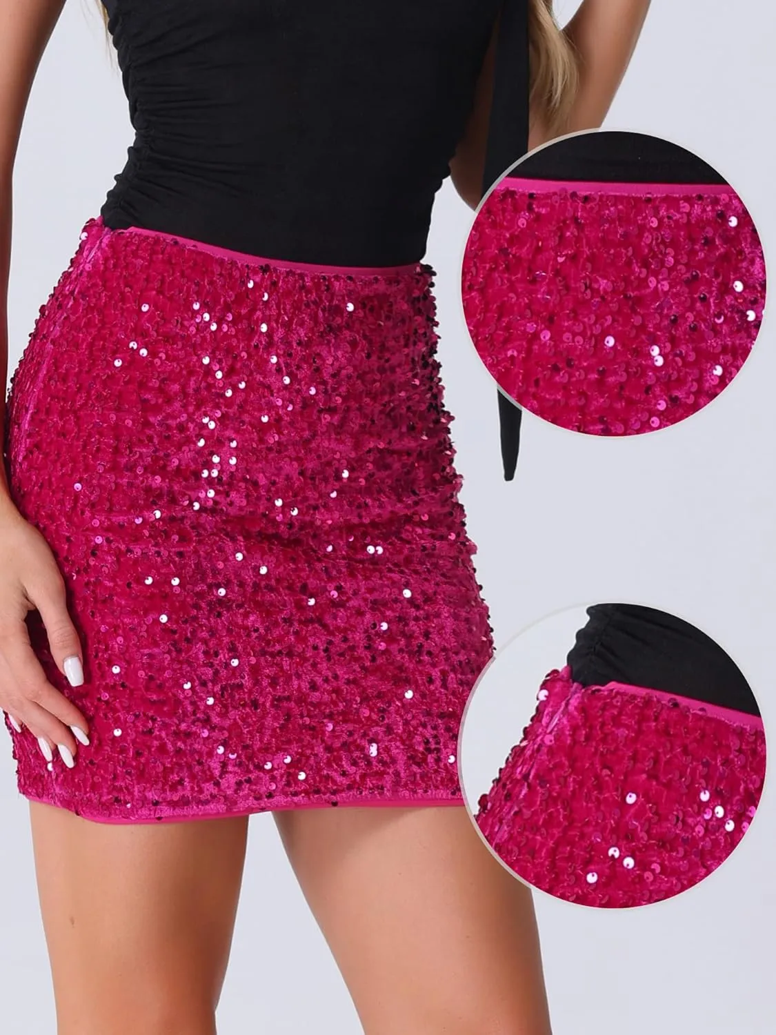 Allegra K Sequin Skirt for Women's High Waist Stretchy Velvet Sparkle Party Bodycon Mini Skirts