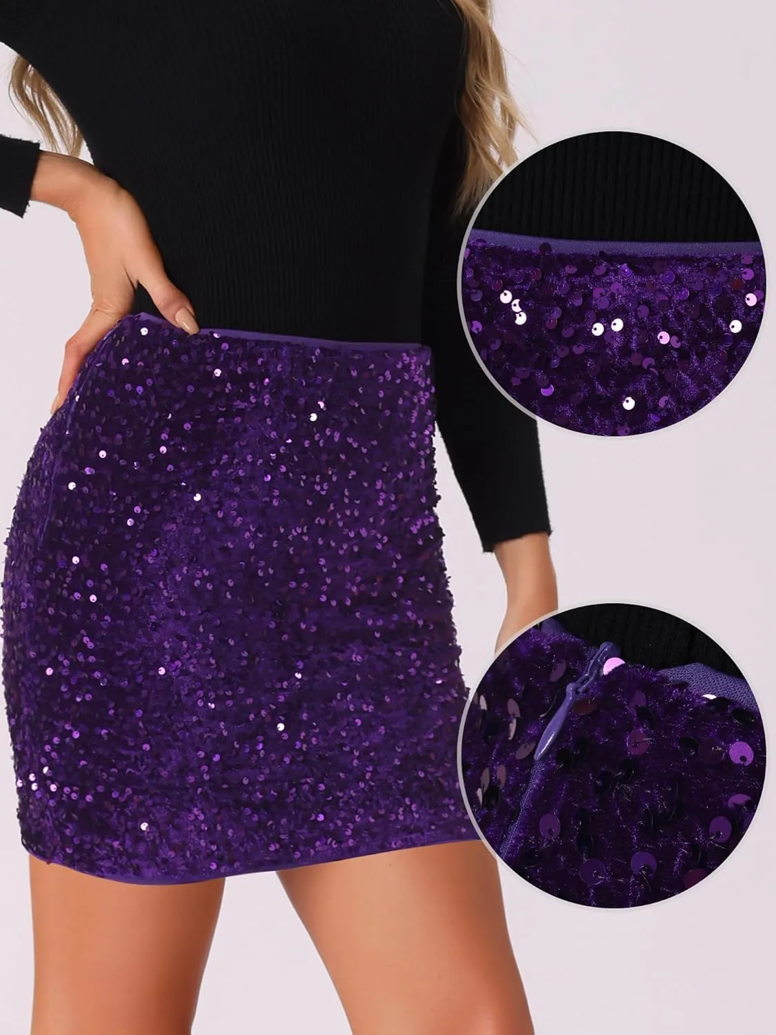 Allegra K Sequin Skirt for Women's High Waist Stretchy Velvet Sparkle Party Bodycon Mini Skirts