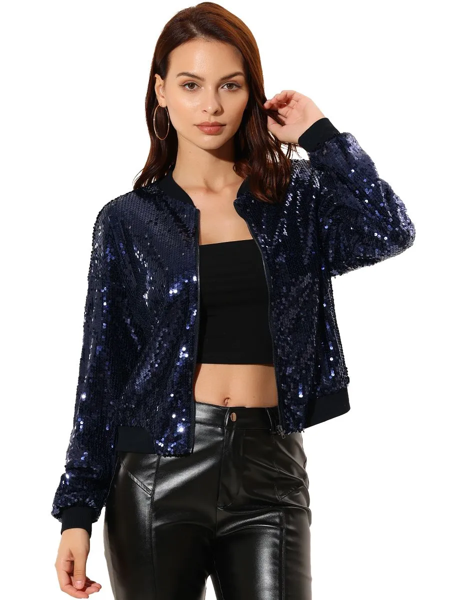 Allegra K Sequin Sparkle Bomber Jacket