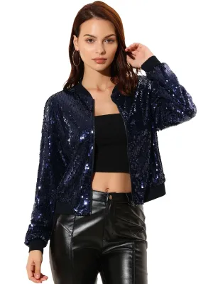 Allegra K Sequin Sparkle Bomber Jacket
