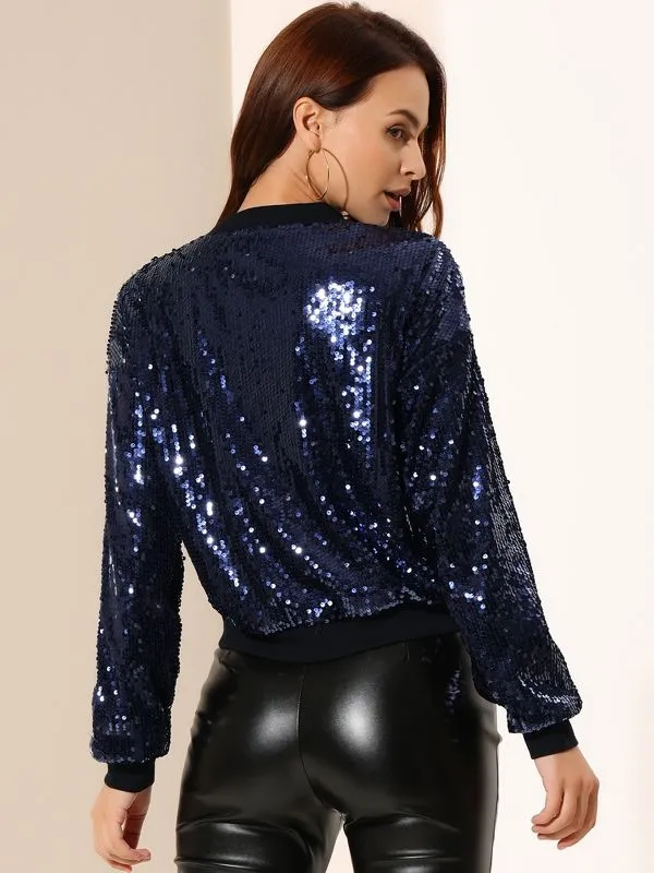 Allegra K Sequin Sparkle Bomber Jacket
