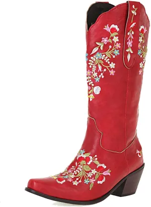 Alsoloveu Women's Embroidered Cowboy Boots Western Cowgirl Snip Toe Chunky Heel Pull On Wedding Dress Mid Calf Boots