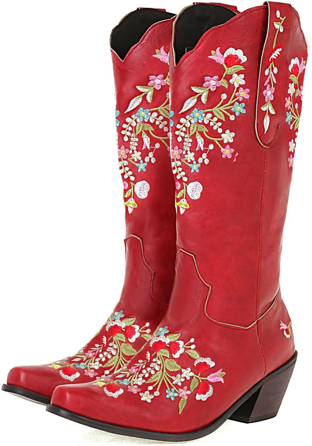 Alsoloveu Women's Embroidered Cowboy Boots Western Cowgirl Snip Toe Chunky Heel Pull On Wedding Dress Mid Calf Boots