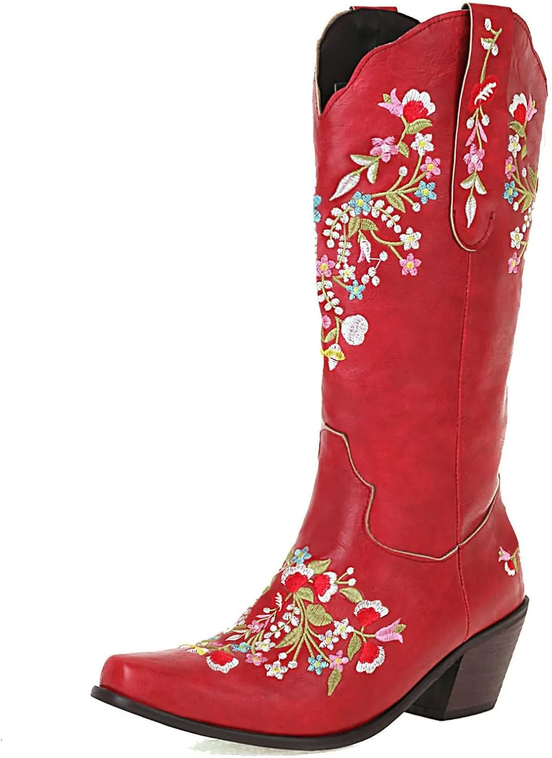 Alsoloveu Women's Embroidered Cowboy Boots Western Cowgirl Snip Toe Chunky Heel Pull On Wedding Dress Mid Calf Boots