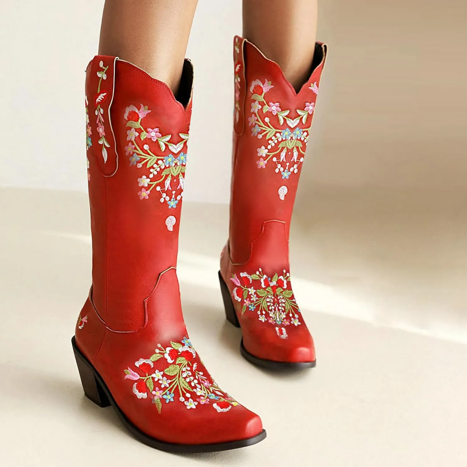 Alsoloveu Women's Embroidered Cowboy Boots Western Cowgirl Snip Toe Chunky Heel Pull On Wedding Dress Mid Calf Boots