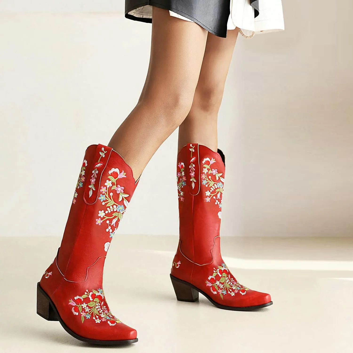 Alsoloveu Women's Embroidered Cowboy Boots Western Cowgirl Snip Toe Chunky Heel Pull On Wedding Dress Mid Calf Boots