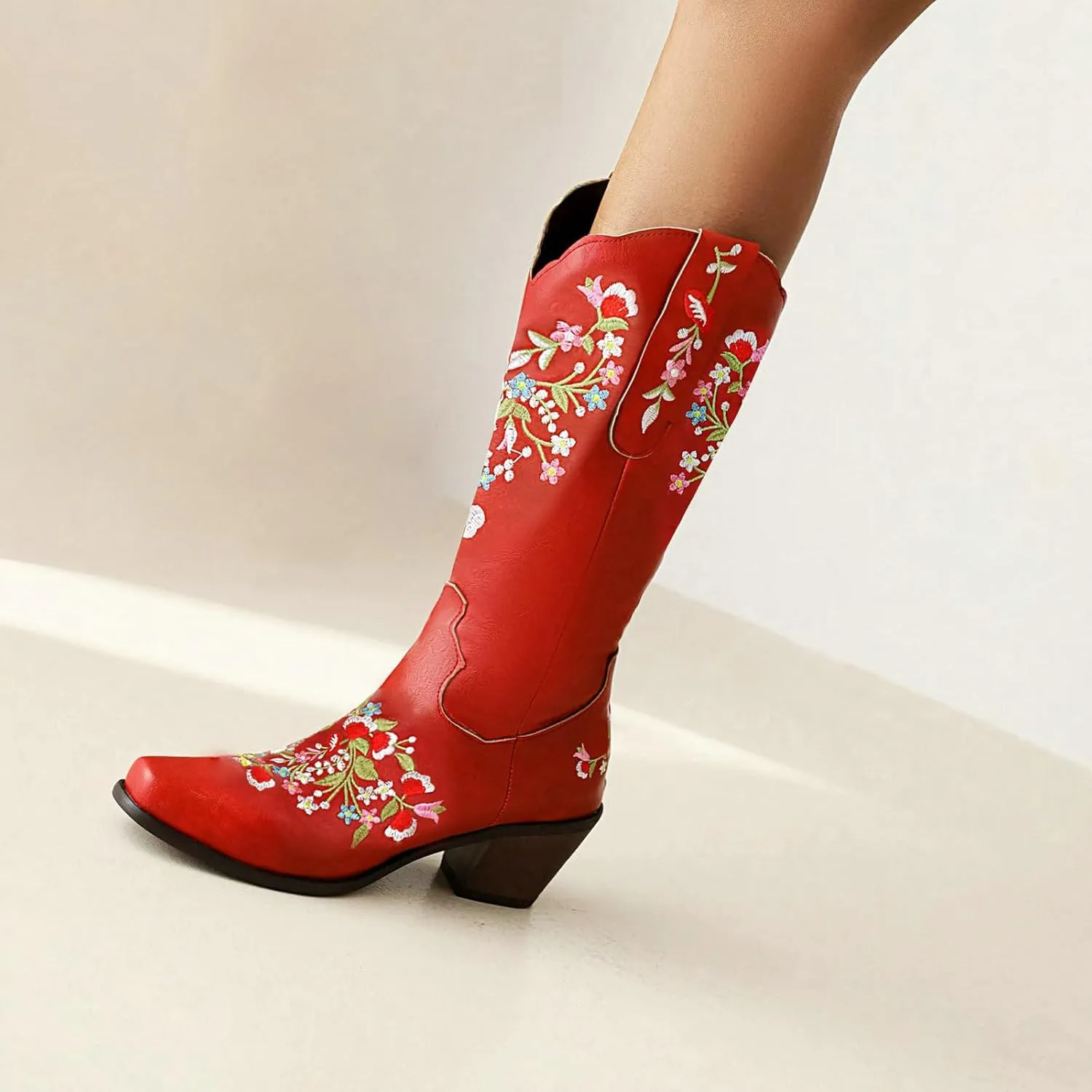 Alsoloveu Women's Embroidered Cowboy Boots Western Cowgirl Snip Toe Chunky Heel Pull On Wedding Dress Mid Calf Boots