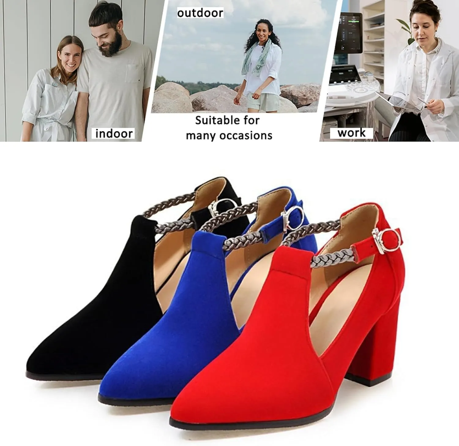 AMAZIDEAL Women's Suede Chunky Heeled T-Strap Mary Jane Pumps,Fashion Pointed Toe Closed Toe Block Heels Dress Wedding Party Shoes