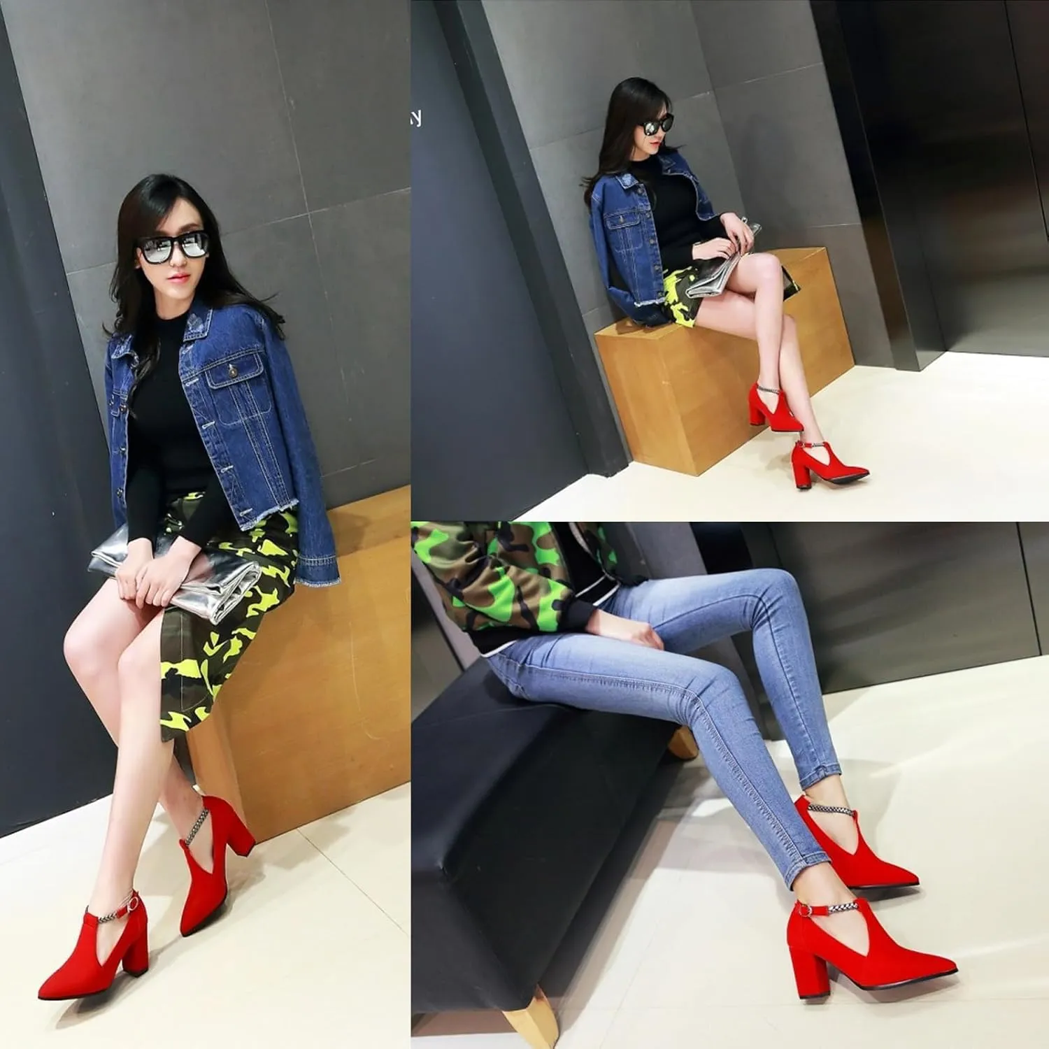 AMAZIDEAL Women's Suede Chunky Heeled T-Strap Mary Jane Pumps,Fashion Pointed Toe Closed Toe Block Heels Dress Wedding Party Shoes