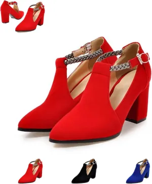 AMAZIDEAL Women's Suede Chunky Heeled T-Strap Mary Jane Pumps,Fashion Pointed Toe Closed Toe Block Heels Dress Wedding Party Shoes