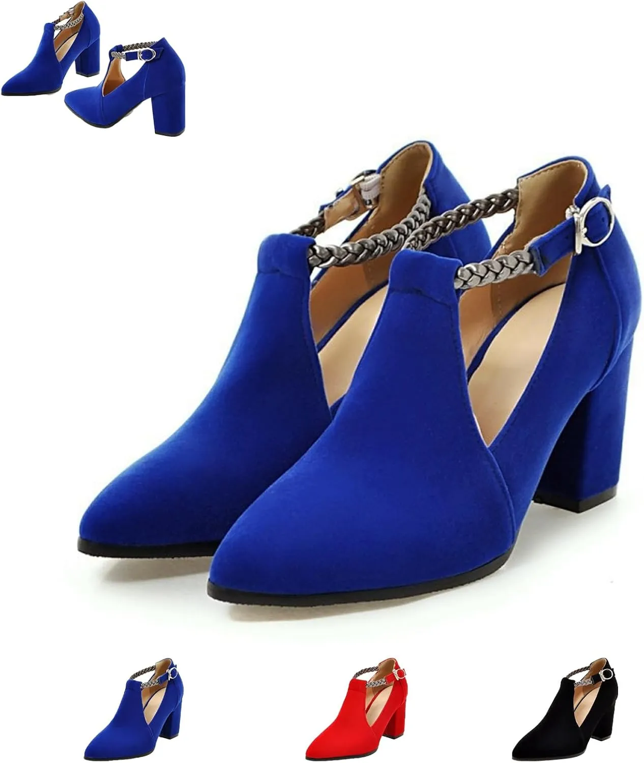 AMAZIDEAL Women's Suede Chunky Heeled T-Strap Mary Jane Pumps,Fashion Pointed Toe Closed Toe Block Heels Dress Wedding Party Shoes