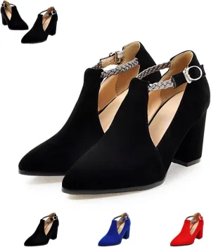 AMAZIDEAL Women's Suede Chunky Heeled T-Strap Mary Jane Pumps,Fashion Pointed Toe Closed Toe Block Heels Dress Wedding Party Shoes