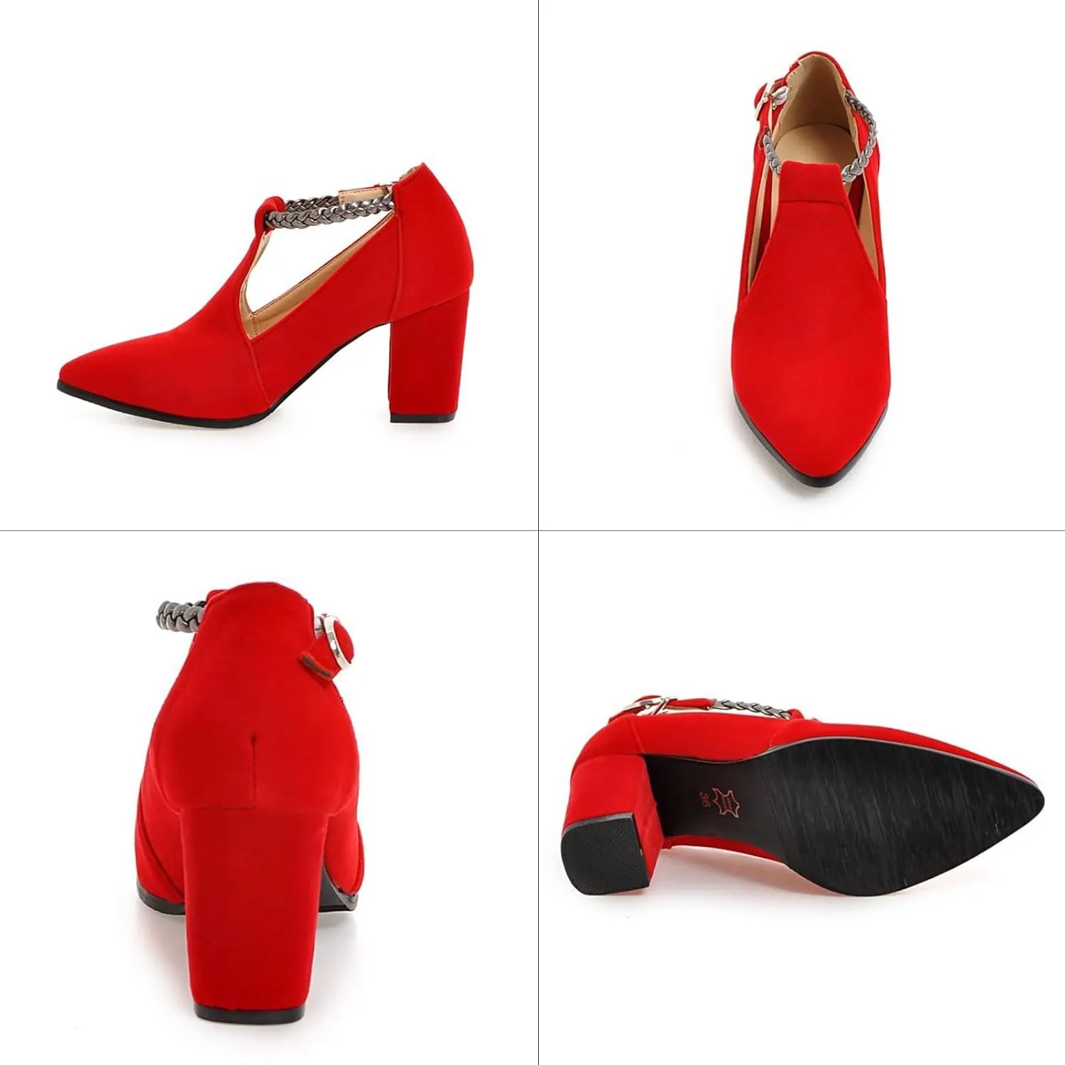 AMAZIDEAL Women's Suede Chunky Heeled T-Strap Mary Jane Pumps,Fashion Pointed Toe Closed Toe Block Heels Dress Wedding Party Shoes