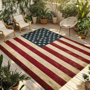 American Flag Outdoor Rug 5x8ft Large Patio Rug,Washable RV Camping Outside Area Runner Rug Mat,Red Blue Star Vintage Wood Grain Striped Carpet for Picnic Backyard Deck Porch Balcony Beach & Indoor
