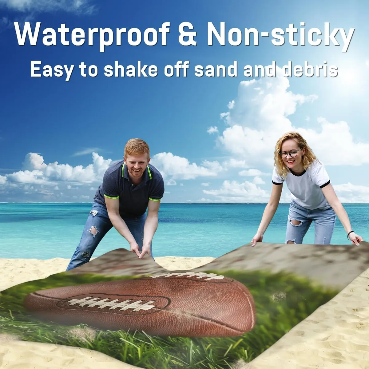 American Football Beach Blanket, Sandproof Beach Mat, Adults Waterproof Quick Drying Sand Free Mat with 4 x Ground Spikes for Outdoor Travel Camping Hiking, Rugby Field
