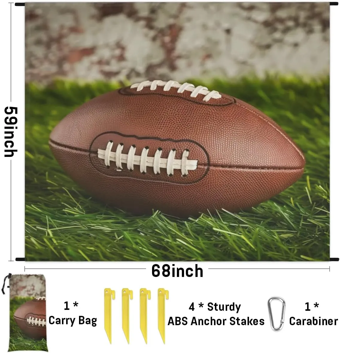American Football Beach Blanket, Sandproof Beach Mat, Adults Waterproof Quick Drying Sand Free Mat with 4 x Ground Spikes for Outdoor Travel Camping Hiking, Rugby Field