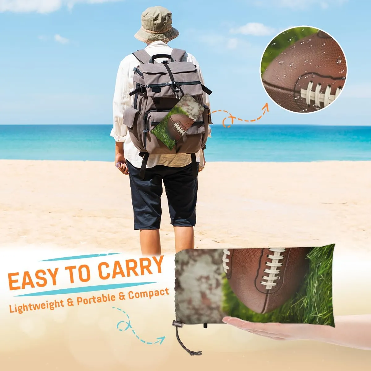 American Football Beach Blanket, Sandproof Beach Mat, Adults Waterproof Quick Drying Sand Free Mat with 4 x Ground Spikes for Outdoor Travel Camping Hiking, Rugby Field