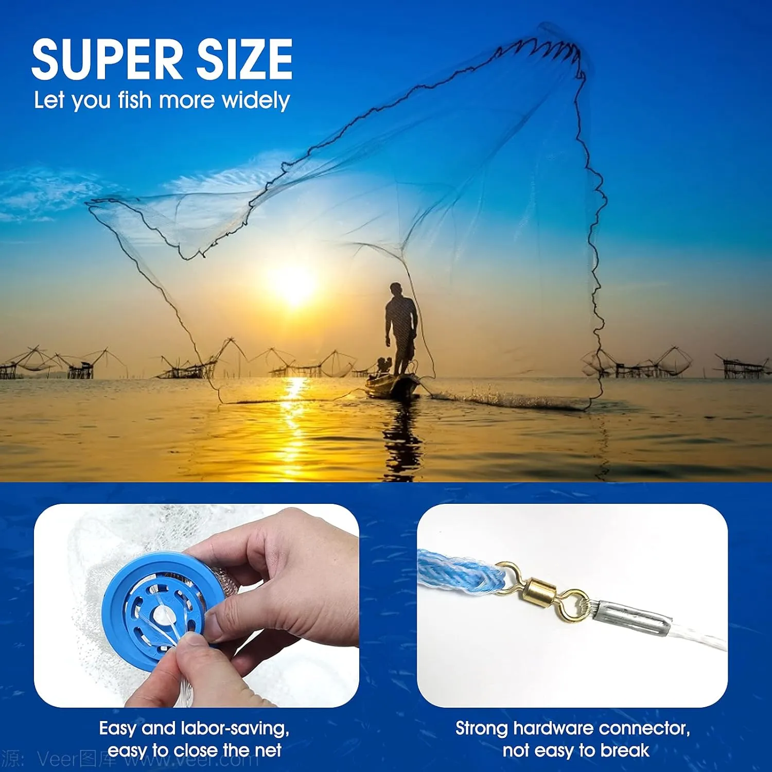 American Saltwater Fishing Cast Nets, Premium Bait Trap Casting Net 4Ft Radius Size with Stainless Steel Round Weights, 3/8 in Mesh Size